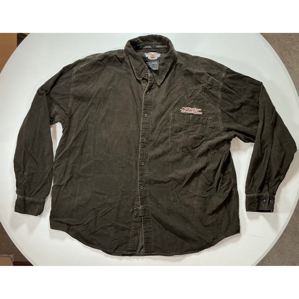 Harley Davidson Corduroy Button Down Shirt Men 2XL Brown Embroidered Biker Moto